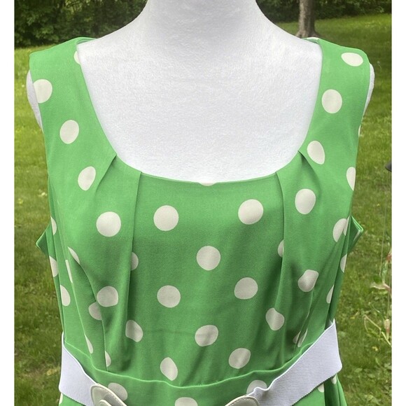 ROZ & ALI Women Sz 16 Green Dress White Polka Dot Wide Spandex Belt Sleeveless - Picture 2 of 16